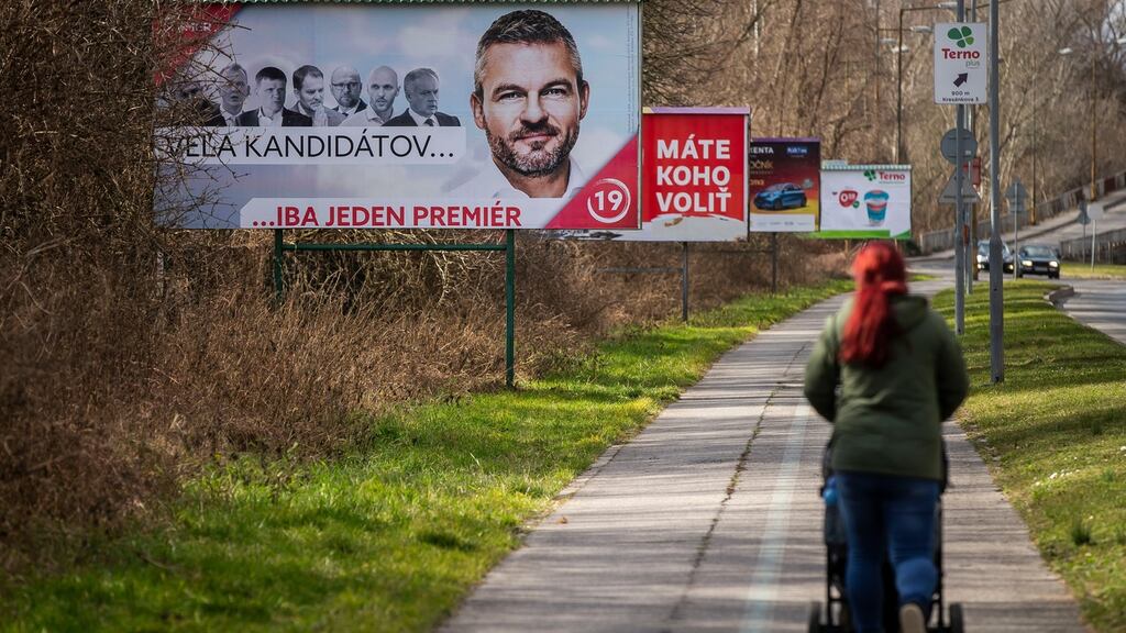 An election poster of Slovakian prime minister and election leader of the Social Democracy (Smer) party Peter Pellegrini: may win by a narrow margin, fuelling speculation it could join forces with followers of ultra-nationalist Marian Kotleba. Photograph: Gabriel Kuchta/Getty