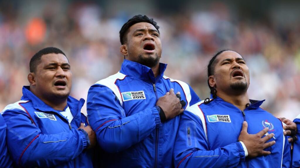 Samoa players sing their national anthem during the Rugby World Cup match at the Brighton Community Stadium. Photograph: Gareth Fuller/PA