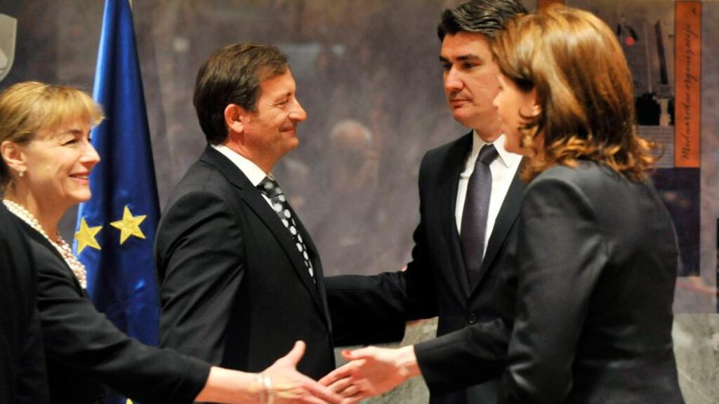 Slovenian prime minister Alenka Bratusek, her Croatian counterpart Zoran Milanovic, Slovenian foreign minister Karel Erjavec and Croatian foreign minister Vesna Pusic shake hands after the Slovenian parliament ratified Croatia's EU accession, in Ljubljana last week. Photograph: Srdjan Zivulovic/Reuters