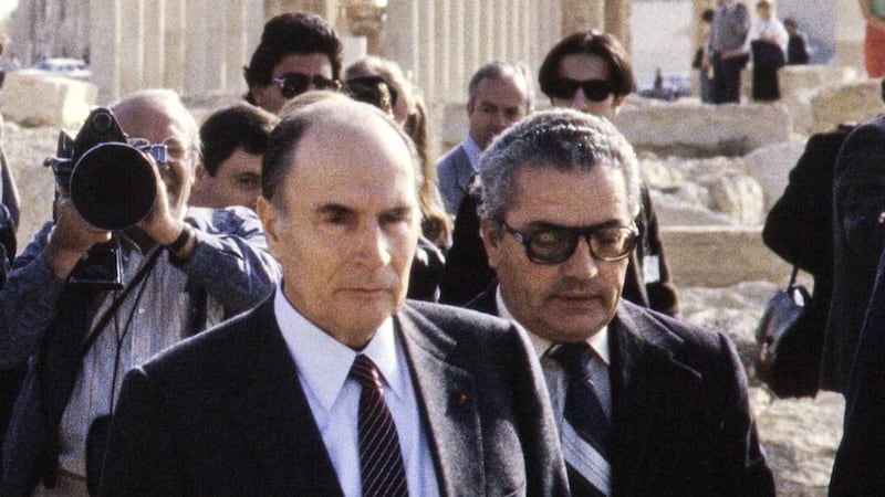 France’s then president Francois Mitterrand, flanked by the Syrian chief archaeologist of the ancient city of Palmyra, Khaled al-Assaad, visiting Palmyra on November 27th, 1984. Photograph: Philippe Bouchon/AFP/Getty Images