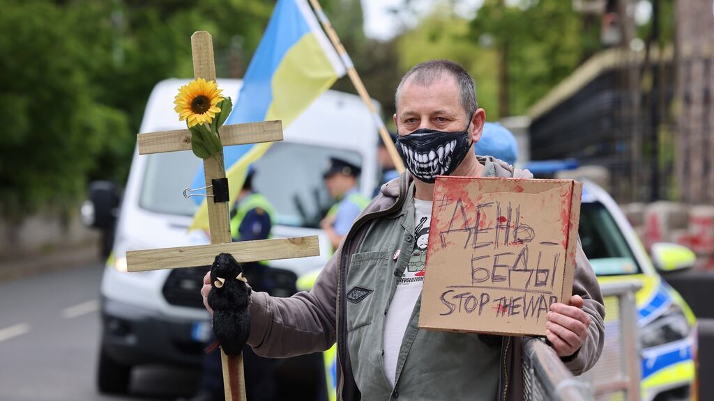 A protest today in support of Ukraine outside the Russian embassy in Dublin, marking three months since the invasion began. Photograph: Dara Mac Dónaill