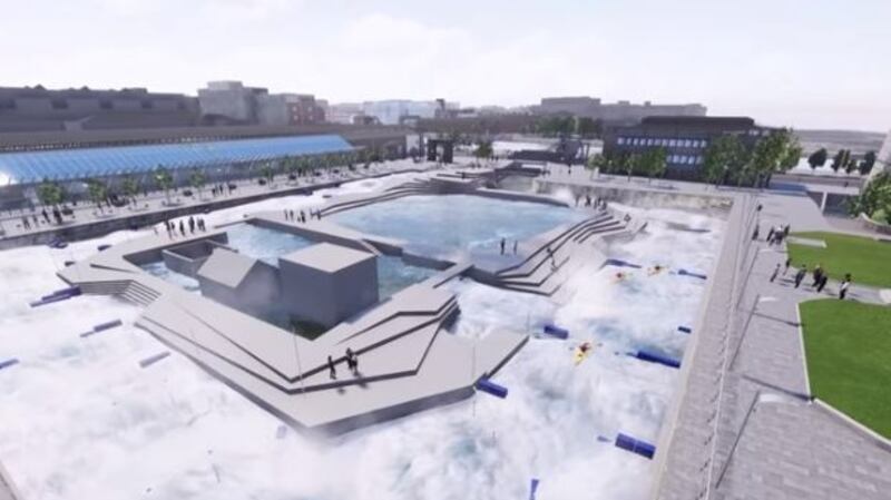 A computer-generated image of the proposed white-water rafting facility at George’s Dock, Dublin. Image: Smart Docklands/YouTube