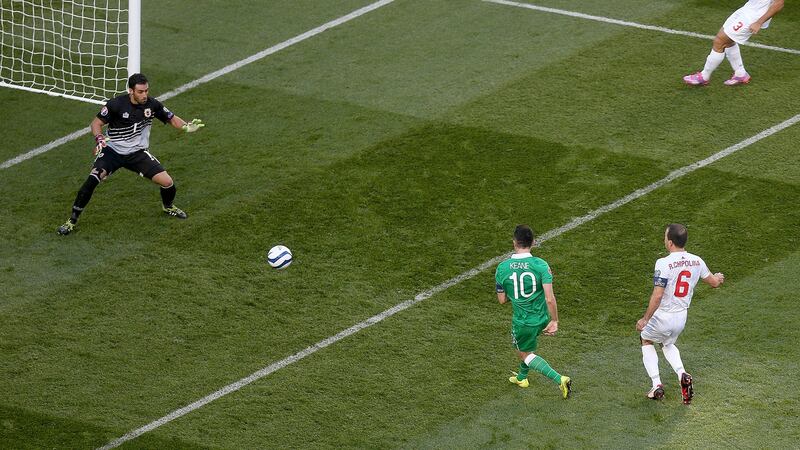 Robbie Keane scores the opener during Ireland’s 7-0 win over Gibraltar in 2014. Photograph: Donall Farmer/Inpho