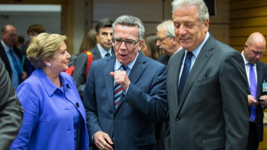Minister for Justice and Equality Frances Fitzgerald, German justice minister Thomas de Maizière and European Commissioner for Migration and Home Affairs Dimitris Avramopoulos attend Tuesday’s meeting. Photograph: Peter Cavanagh