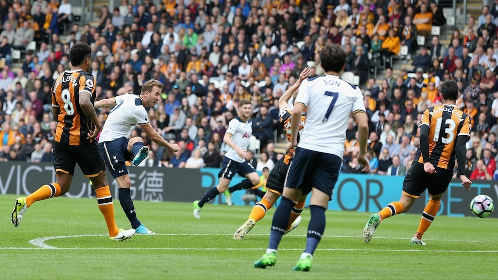 Harry Kane opens the scoring for  Tottenham Hotspur in the Premier League game against  Hull City  at the KC Stadium. Photograph: Nigel Roddis/Getty Images