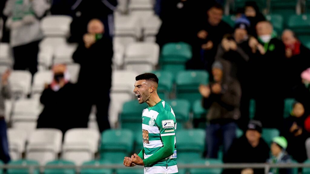 Shamrock Rovers’ Daniel Mandroiu celebrates scoring his side’s second goal. Photograph: Ryan Byrne/Inpho