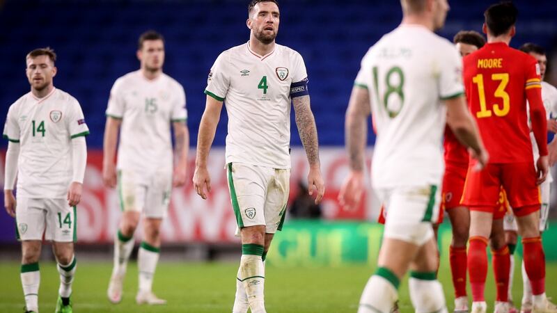 Shane Duffy looks dejected after Ireland’s defeat in Cardiff. Photograph: Tommy Dickson/Inpho