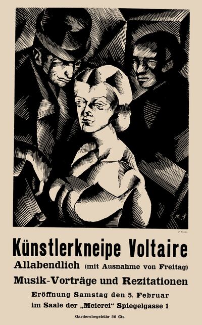 Poster for the opening of the Cabaret Voltaire in 1916. Photograph: Fine Art Images/Heritage Images/Getty
