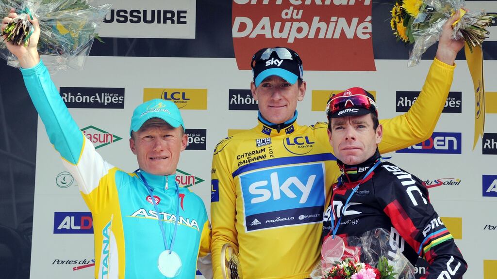 Bradley Wiggins celebrates his win at the 2011 Critérium du Dauphiné. Photograph:   Pascal Pavani/AFP/Getty Images