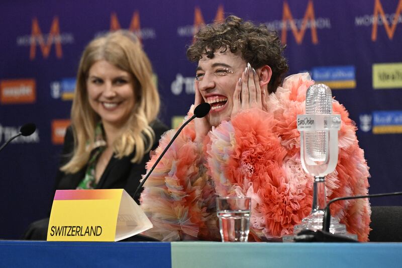 This year's winner Nemo, representing Switzerland, speaks during a press conference after the final of the Eurovision Song Contest. Photograph: Jessica Gow/TT/AFP via Getty Images
