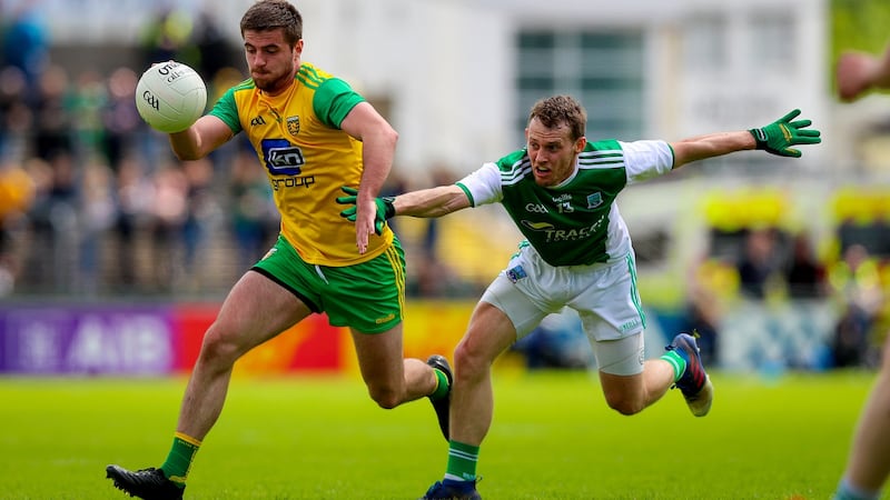 Donegal’s Daire Ó Baoil with Declan McCluskey of Fermanagh. Ulster football has given us plenty this summer already. Saturday night will tell us a lot about where the two best teams from the province might end up in August. Photograph: Tommy Dickson/Inpho