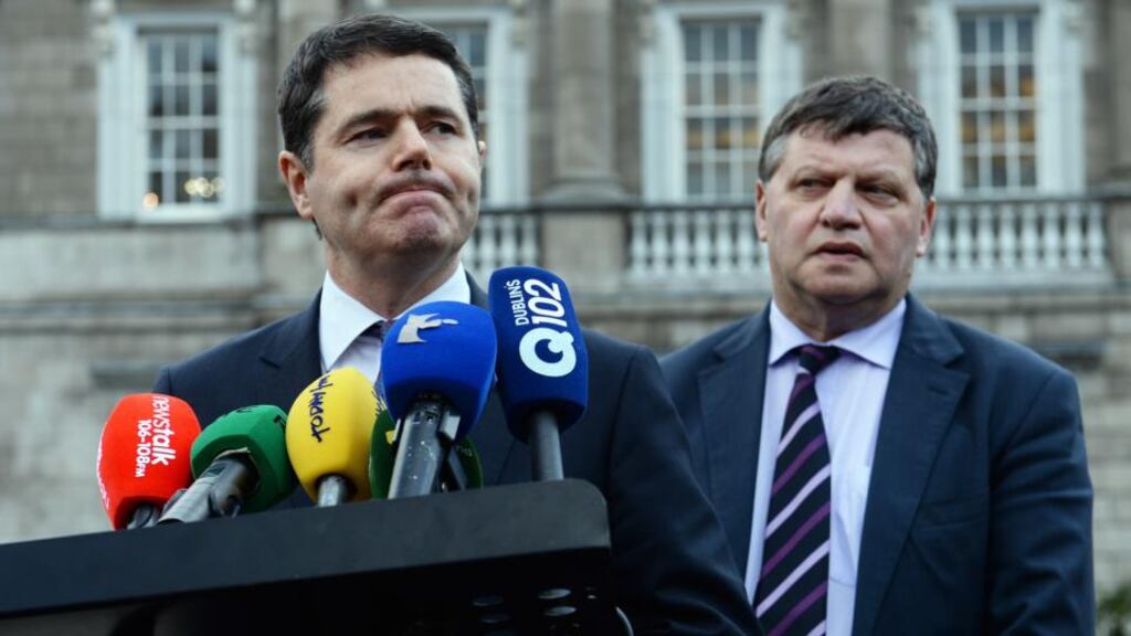Minister for Transport, Tourism and Sport Pascal Donohue with John O’Mahony TD speaking at the Dáil on the Government’s position on IAG’s proposal to make an offer for Aer Lingus. Photograph: Cyril Byrne/The Irish Times