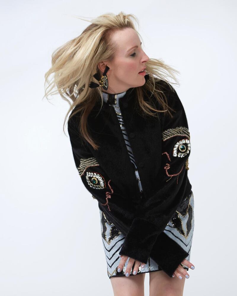 Joanne Hynes for Dunnes Stores: art-deco dress €150, Forever Muse jacket €250, eye ear-ring €20 (available from October 25th)