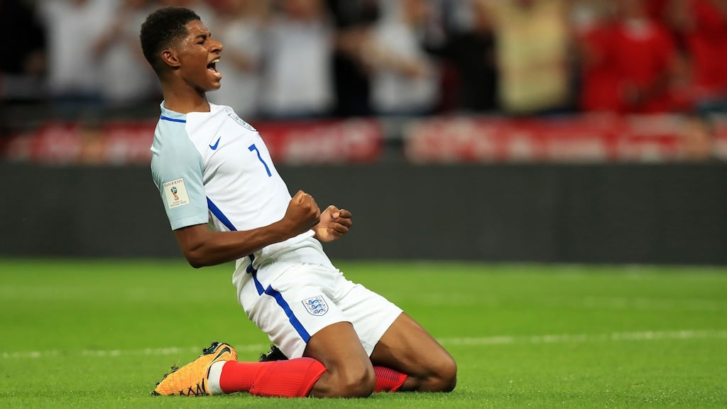 England’s Marcus Rashford celebrates scoring at Wembley Stadium. Photograph: PA