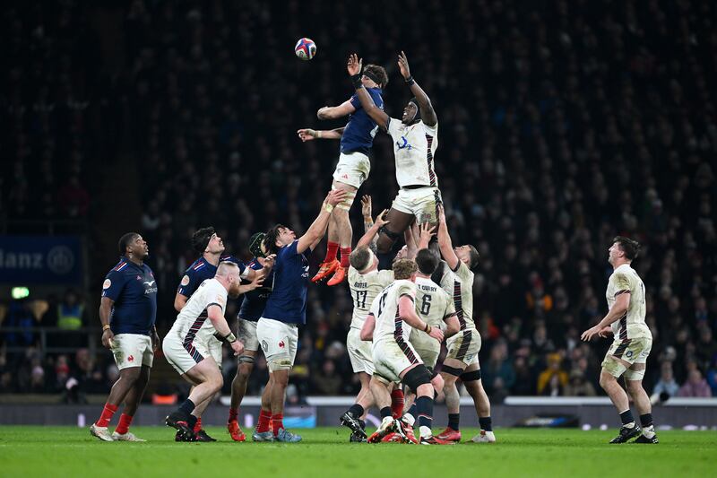 Maro Itoje of England wins the ball in the lineout against Oscar Jegou of France. Photograph: Shaun Botterill/Getty