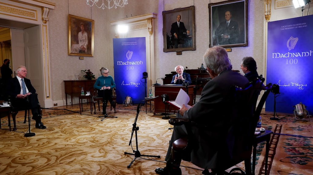 President Higgins hosted the first in a series of ‘Machnamh 100’ seminars at Áras an Uachtaráin together with guests Prof Michael Laffan, Prof Anne Dolan, Dr John Bowman and Prof Ciarán Benson. Photograph: Maxwells