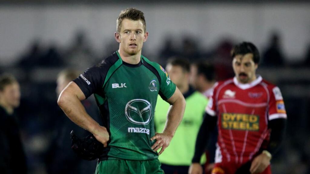 Connacht’s Matt Healy shows his disappointment after the narrow defeat by Scarlets at the Sportsgrund. Photo: James Crombie/Inpho