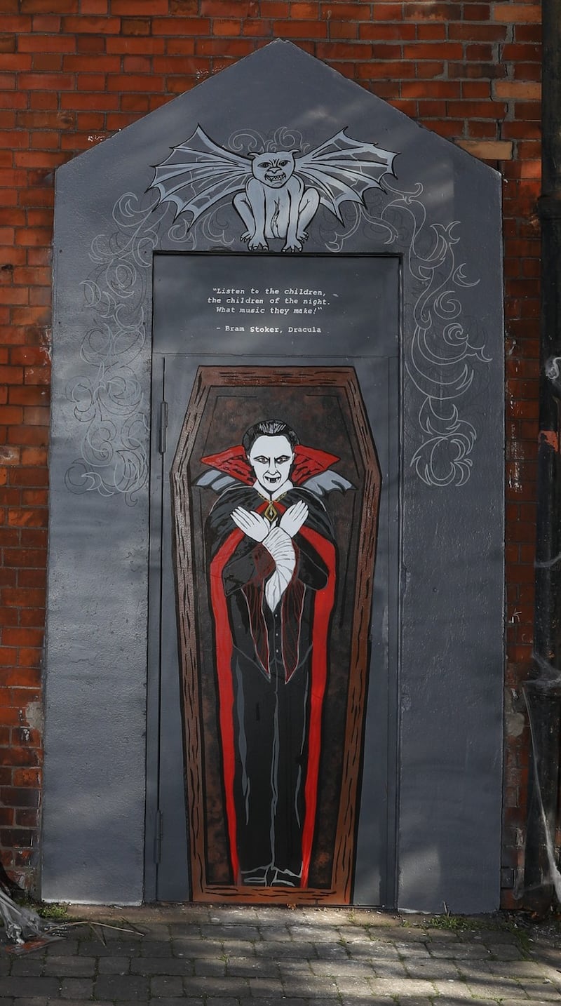 A door belonging to  the Bram Stoker house in Buckingham Street  in Dublin’s north inner city celebrating Dracula. Image: John D Ruddy