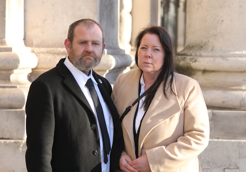 Barry Cleary and his wife Melanie Sheehan Cleary of Corbally, Co Limerick, outside the Four Courts, where they have brought an action against the HSE over the death of their daughter Eve in 2019. Photograph: Collins Courts