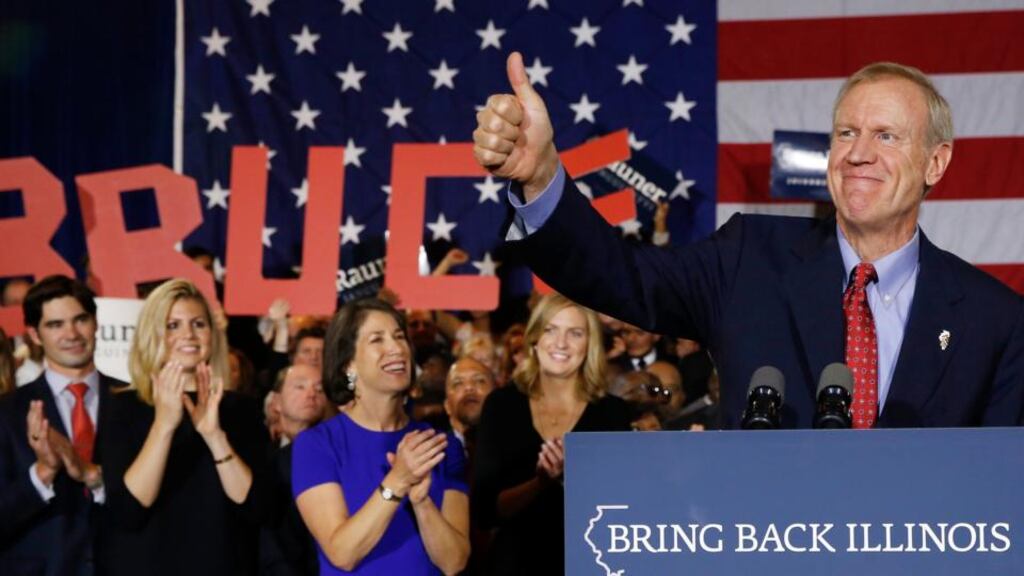 Republican Bruce Rauner gives a thumbs-up after winning the midterm elections in Chicago, Illinois, November 4th, 2014. Photograph; Jim Young/Reuters