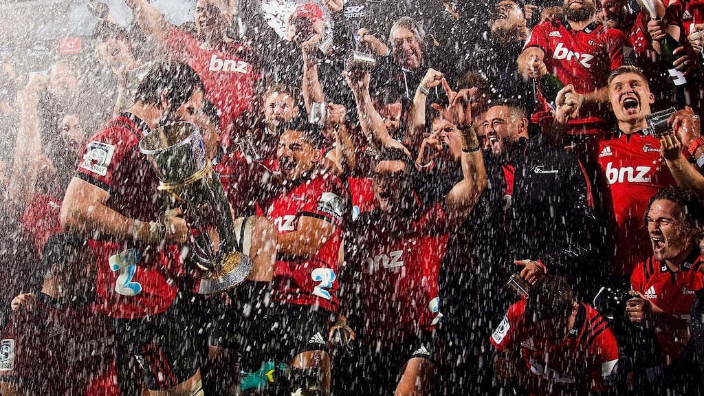Crusaders’ players celebrate their victory after the Super Rugby final last year. Photo: Marty Melville/Getty Images