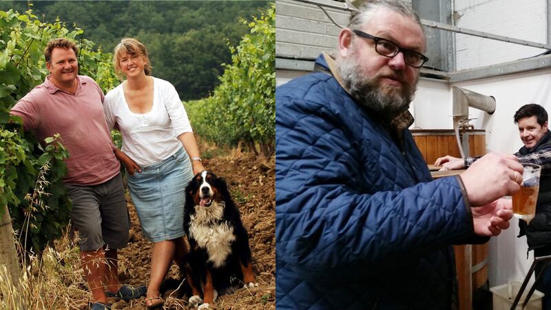 Winemakers James and Catherine Kinglake (and dog) and right, brewers Kjetl Jikiun and Cormac O’Dwyer