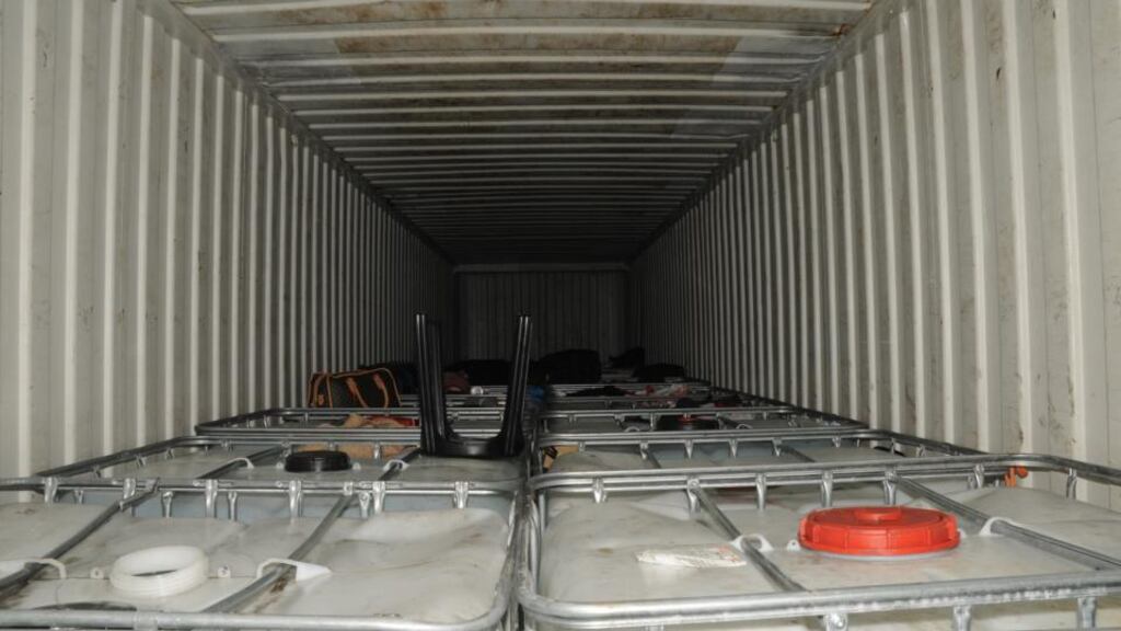 A handout photo issued by Essex Police of the shipping container where a 34-strong group of Afghan Sikhs from Kabul were found at Tilbury Docks. Photograph: PA