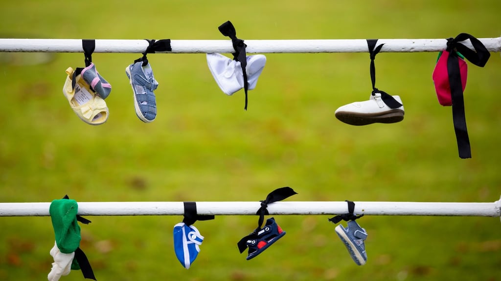 A view of shoes left by Mother and Baby Homes protesters at Phoenix Park, Dublin. Photograph: Tom Honan