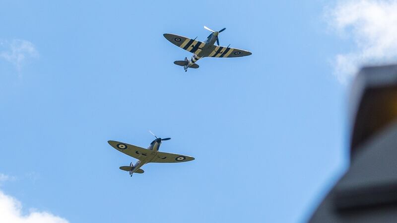 Spitfire and Hurricane planes fly over the funeral procession of Vera Lynn. Photograph: Vickie Flores/EPA