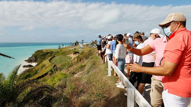 Spectators overlook the 16th tee box during the Bermuda Championship. Photograph: Gregory Shamus/Getty