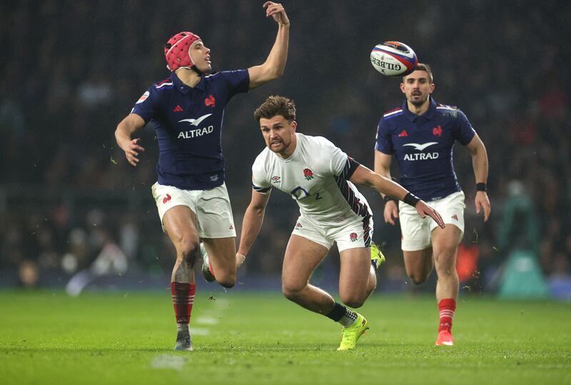 Zut alors! France's Louis Bielle-Biarrey fumbles the ball just short of the try line against England at Twickenham. Photograph: David Rogers/Getty Images