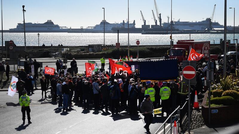 P&O Ferries staff protest in Dover, Britain on Friday over the sackings. Photograph: EPA