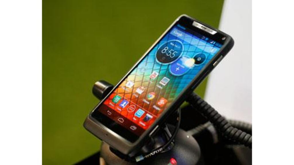 A Motorola Razr HD smartphone sits on display in the company's pavilion during the recent Mobile World Congress in Barcelona, Spain. Photograph: Simon Dawson/Bloomberg.