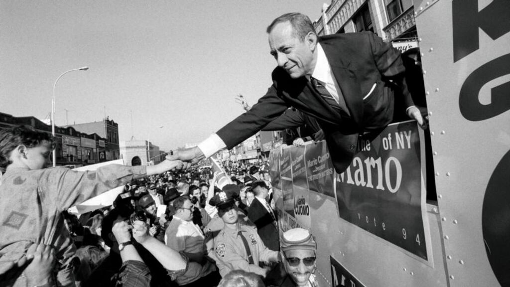 A file photograph of a campaign bus where Mr Cuomo shakes hands with supporters on October 30th, 1994. Photograph: James Estrin/The New York Times