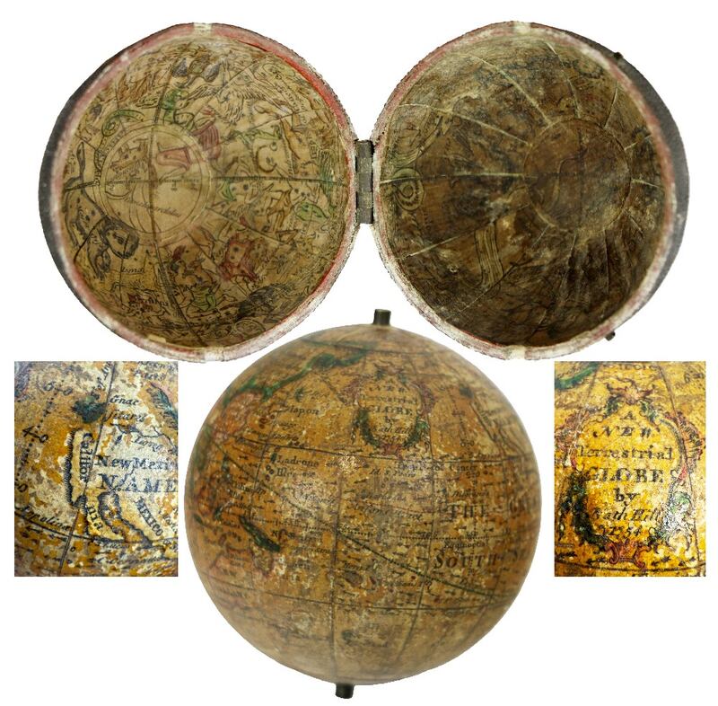 A pocket terrestrial globe with a celestial globe depicted on the inside of its shark skin case