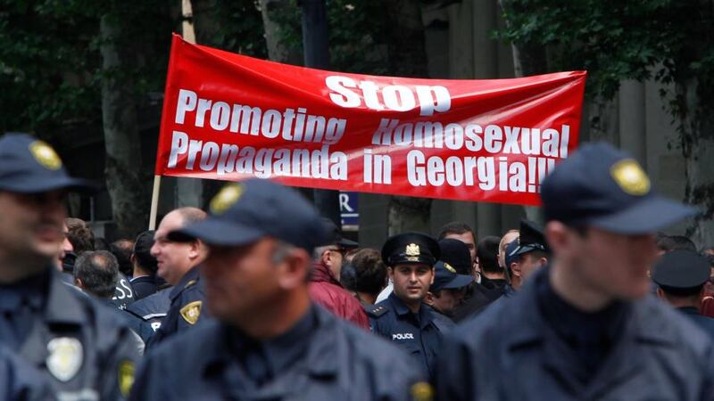 Police stand guard during an International Day Against Homophobia and Transphobia (IDAHO) rally in Tbilisi, Georgia. Photograph: David Mdzinarishvili/Reuters