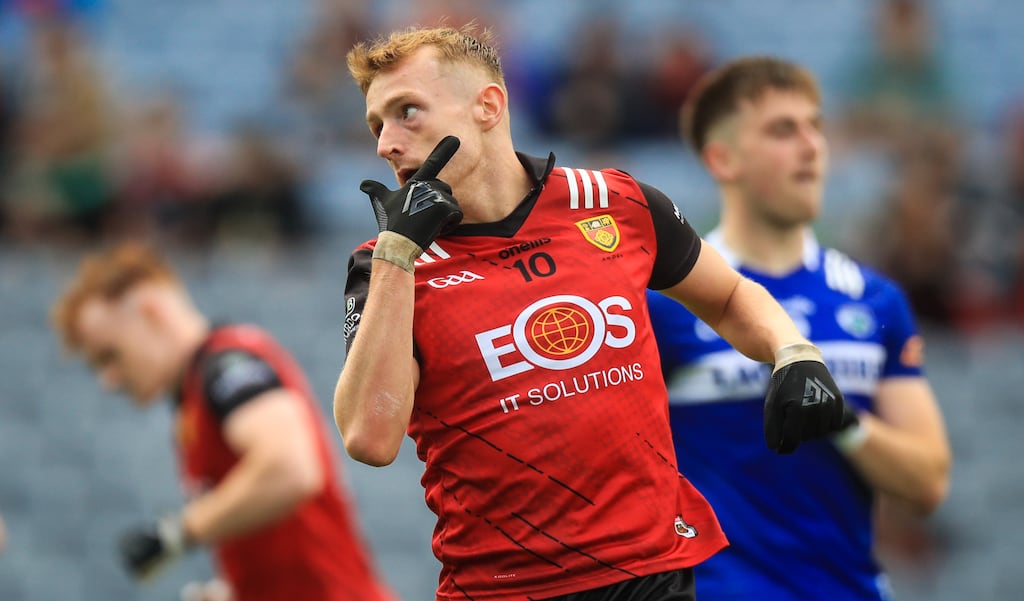 Down’s Liam Kerr celebrates scoring a goal against Laois in their Tailteann Cup semi-final in Croke Park on June 25th, 2023. Photograph: Evan Treacy/Inpho
