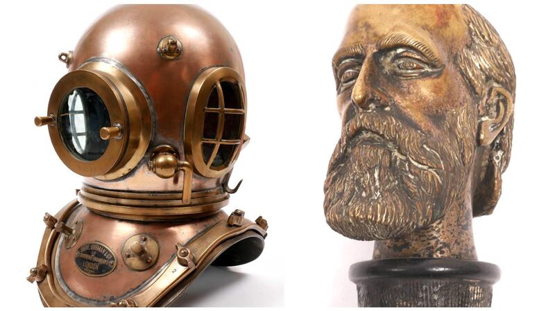 A diving helmet used by Joseph Murphy, the Dublin Port and Docks diver in the 1960s (€3,000-€5,000); a bog-oak baton with a silver-plated bust of Charles Stewart Parnell (€1,000-€1,500)