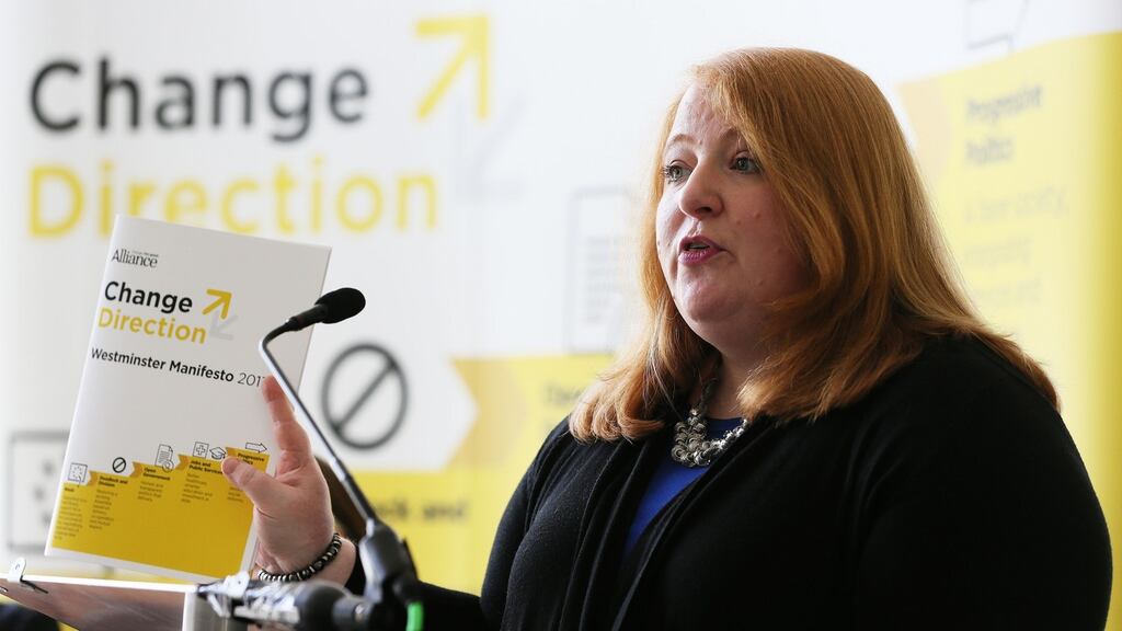 Alliance Party leader Naomi Long at the launch of its manifesto on Wednesday: wasn’t putting much store by polls which indicated the possibility of a hung British parliament. Photograph: Brian Lawless/PA
