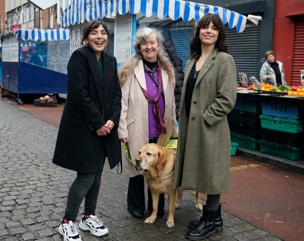 Historian Liz Gillis, Honor Ó Brolchain, whose grand uncle Joseph Plunkett participated in the Easter Rising, and Imelda May at the launch of Save Moore Street Walking Tour on Moore Street in Dublin. Photograph: Niall Carson/PA Wire