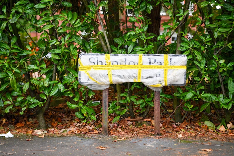 A covered-up street sign in Shandon Park, east Belfast. Photograph: Andrew McCarroll/ Pacemaker Press