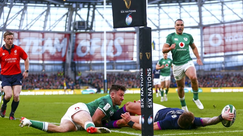 Ireland’s Hugo Keenan prevents Scotland’s Stuart Hogg from scoring a try at the Aviva. Photograph: Ken Sutton/Inpho