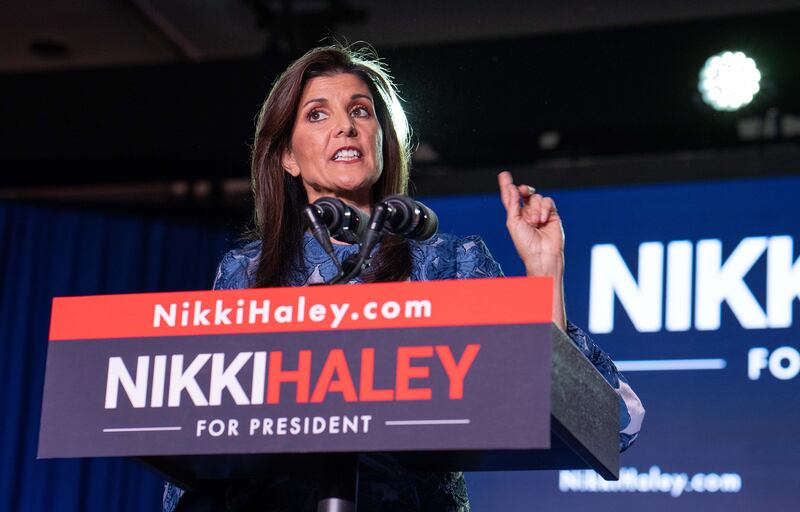 Nikki Haley speaks to supporters at a primary election night rally in Concord, New Hampshire, this week. Photograph: Ruth Fremson/New York Times