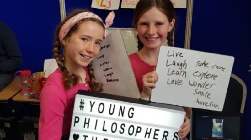 Aine Frawley (10) and Daily Larkin (10), Scoil Treasa, Firhouse, west Dublin with their project on the meaning of life.