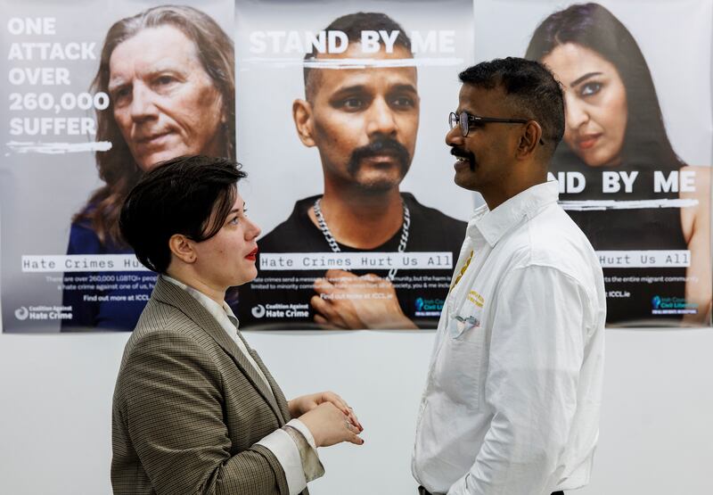 Luna Lara Liboni, policy officer on equality and hate crime with the Irish Council for Civil Liberties (ICCL) pictured last year at the launch of the Hate Crimes Hurt Us All campaign with Pradeep Mahadeshwar, who featured in the campaign. Photograph: Andres Poveda