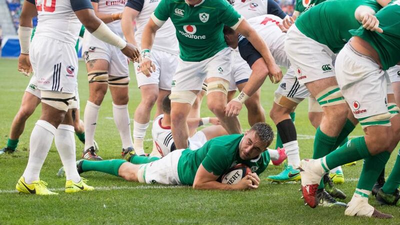 Jack Conan scores a try after Ireland’s scrum rumbled over the line. Photograph: Ryan Byrne/Inpho
