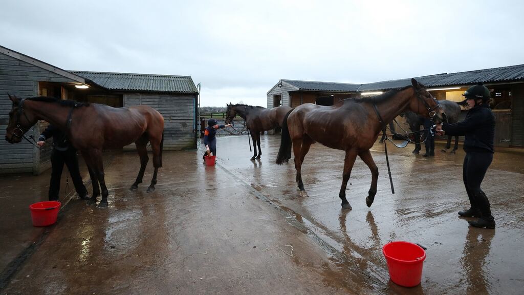 Racehorses return from a gallop in Worcestershire this morning. Racing in Britain will not resume until February 13th at the earliest. Photo: PA