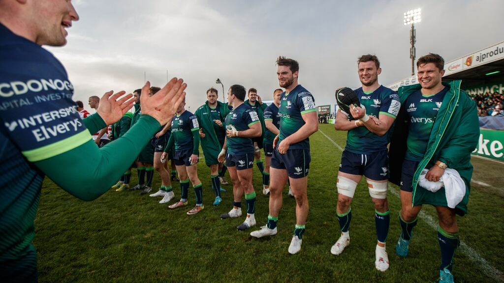 Connacht players celebrate after their win against Gloucester at the Sportsground, Galway on December 14th, 2019. Photograph: James Crombie/Inpho