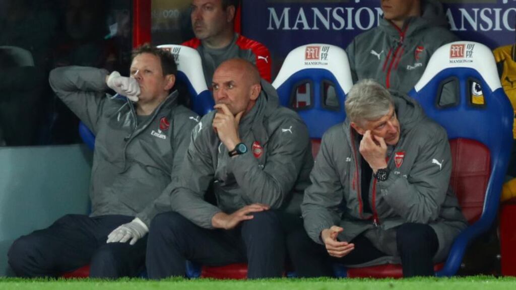 Arsène Wenger saw his side lose a fourth consecutive league away game at Crystal Palace on Monday night. Photograph: Clive Rose/Getty