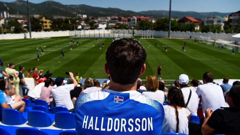 Iceland fans watch their team training in Kabardinka. Photograph: Getty Images